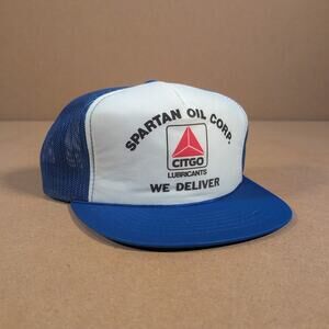Vintage 80s Citgo Spartan Oil Trucker Hat Mesh Snapback Yougan Blue Made Korea